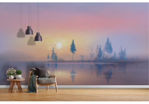 Wallpaper lake with trees painted landscape 2