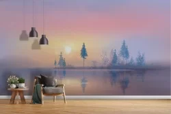 Carta da Parati lago con alberi dipinto paesaggio