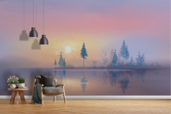 Wallpaper lake with trees painted landscape