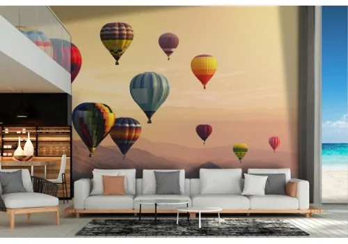 Wallpaper landscape mountains with hot air balloons