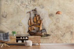 Vintage sailing ship wallpaper illustration