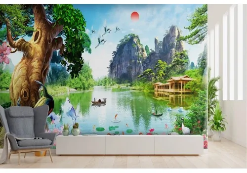 Wallpaper of oriental landscape lake with trees