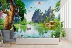 Carta da Parati paesaggio orientale lago con alberi