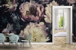 Vintage composition wallpaper with pink and white flowers