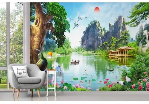 Carta da Parati paesaggio orientale lago con alberi 2