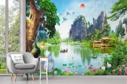 Carta da Parati paesaggio orientale lago con alberi