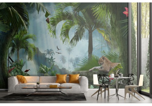 Tropical oasis wallpaper trees and lake nature