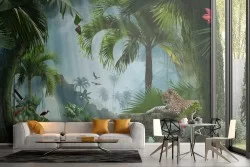 Tropical oasis wallpaper trees and lake nature