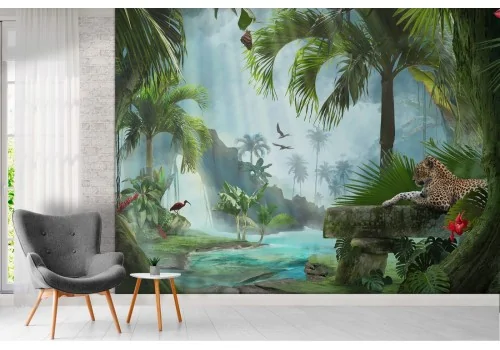 Tropical oasis wallpaper trees and lake nature 2