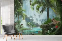 Tropical oasis wallpaper trees and lake nature