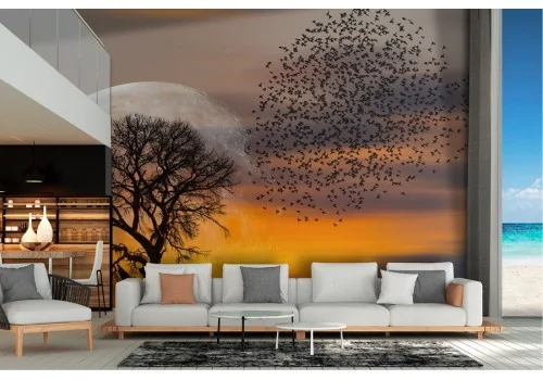 Wallpaper landscape tree with flock of birds nature
