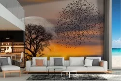Wallpaper landscape tree with flock of birds nature