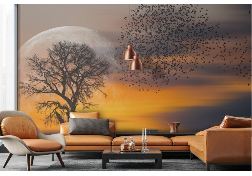 Wallpaper landscape tree with flock of birds nature 2
