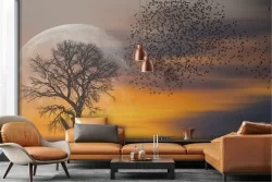 Carta da Parati paesaggio albero con stormo uccelli natura