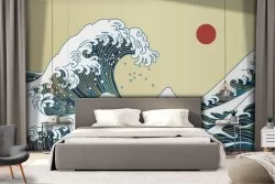 Oriental Zen Wallpaper with Stylized Stripes and Waves Nature