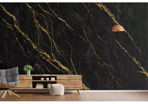 Black marble surface wallpaper with gold veins