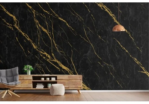 Carta da Parati superficie marmo nero venature oro