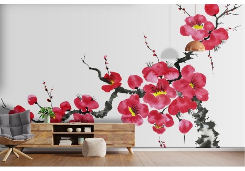Stylized oriental flowering tree wallpaper