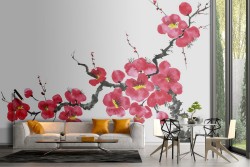 Stylized oriental flowering tree wallpaper