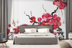 Oriental Zen Wallpaper with Trees and Flowers