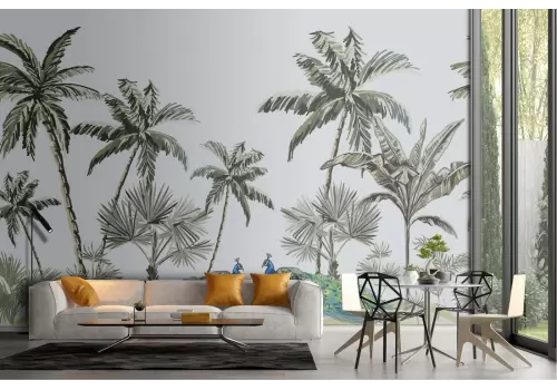 Carta da Parati palme tropicali e pavoni natura illustrazione