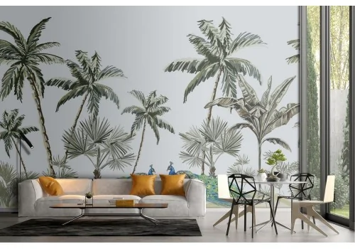 Carta da Parati palme tropicali e pavoni natura illustrazione