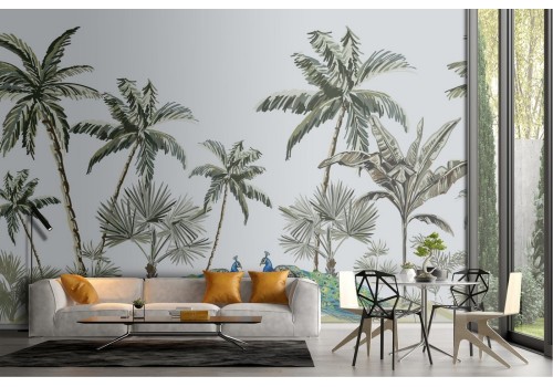 Tropical palm and peacock nature illustration wallpaper