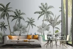 Carta da Parati palme tropicali e pavoni natura illustrazione