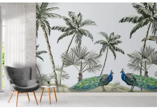 Carta da Parati palme tropicali e pavoni natura illustrazione 2