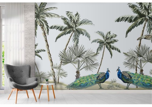 Tropical palm and peacock nature illustration wallpaper 2