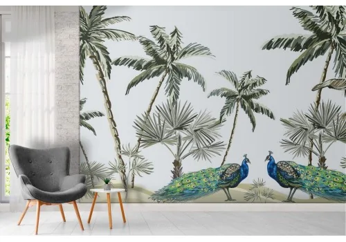 Tropical palm and peacock nature illustration wallpaper 2