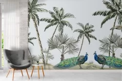 Carta da Parati palme tropicali e pavoni natura illustrazione