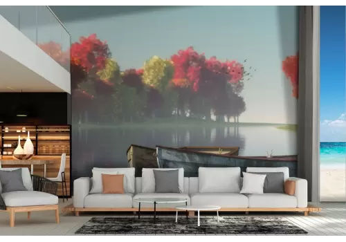 Carta da Parati barche nel lago paesaggio autunno