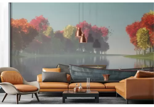 Carta da Parati barche nel lago paesaggio autunno 2