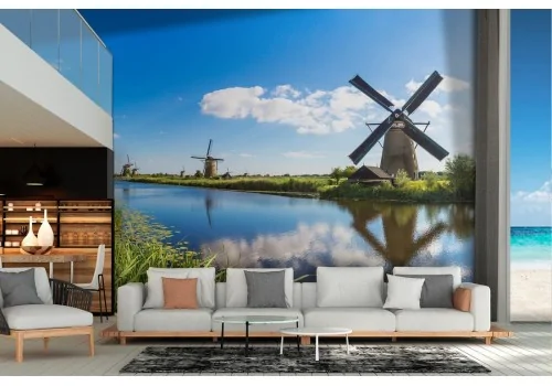 Wallpaper landscape meadow with river and windmills