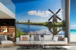 Wallpaper landscape meadow with river and windmills