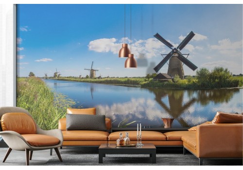 Wallpaper landscape meadow with river and windmills 2