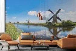 Wallpaper landscape meadow with river and windmills