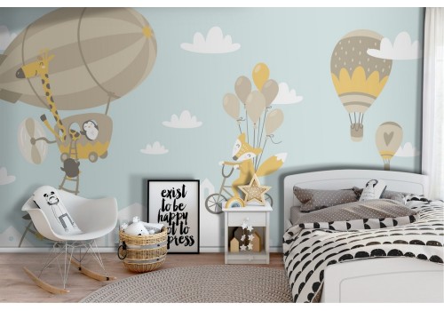 Animal and hot air balloon children's wallpaper