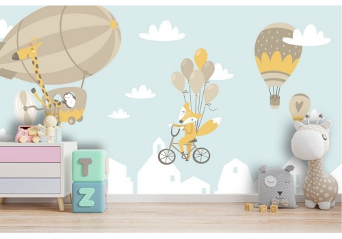 Animal and hot air balloon children's wallpaper 2