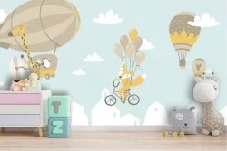 Animal and hot air balloon children's wallpaper