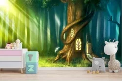 Carta da Parati casa nel bosco fantasy paesaggio bambini
