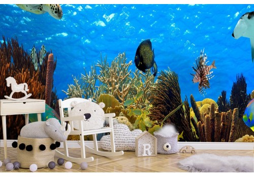 Underwater nature wallpaper with fish and corals