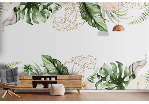 Wallpaper leaves and flowers details nature decoration