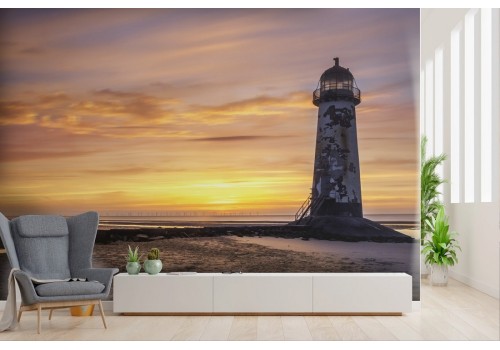 Wallpaper beach with lighthouse at sunset dawn