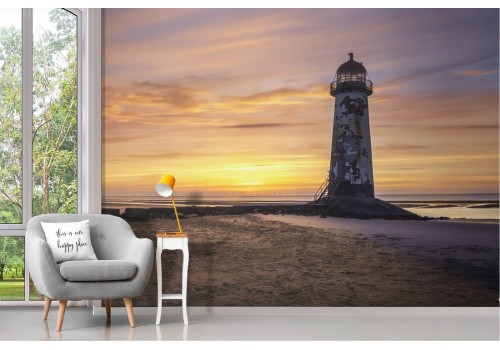 Wallpaper beach with lighthouse at sunset dawn 2