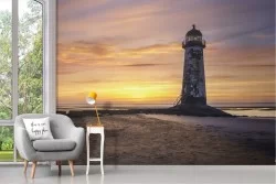 Wallpaper beach with lighthouse at sunset dawn