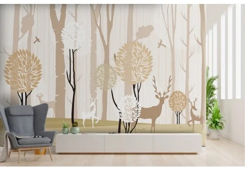 Stylized forest wallpaper with trees and deer