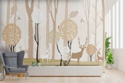 Carta da Parati foresta stilizzata alberi e cervi