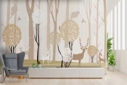 Stylized forest wallpaper with trees and deer